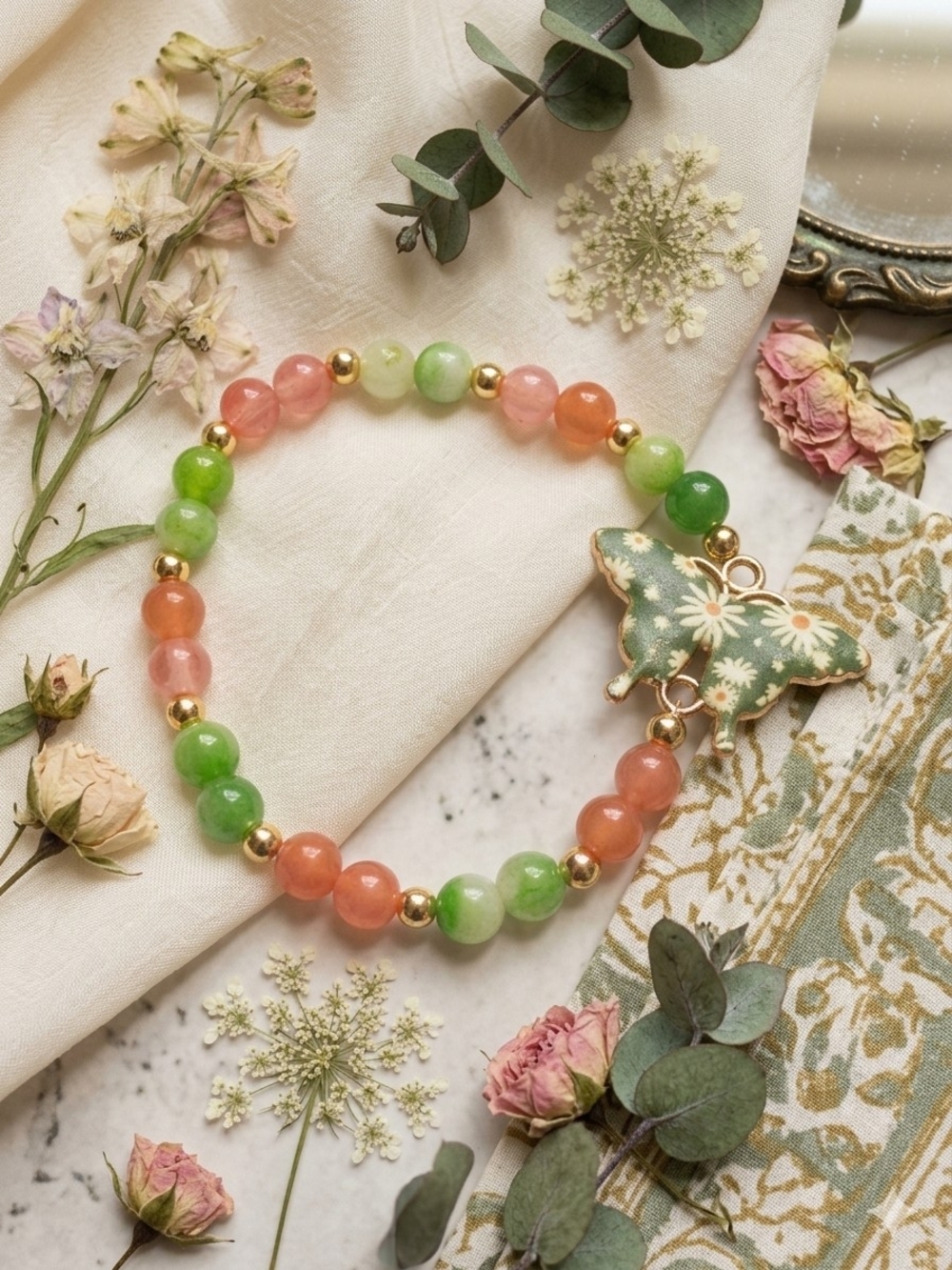 Handmade Green & Pink Beaded Butterfly Charm Bracelet